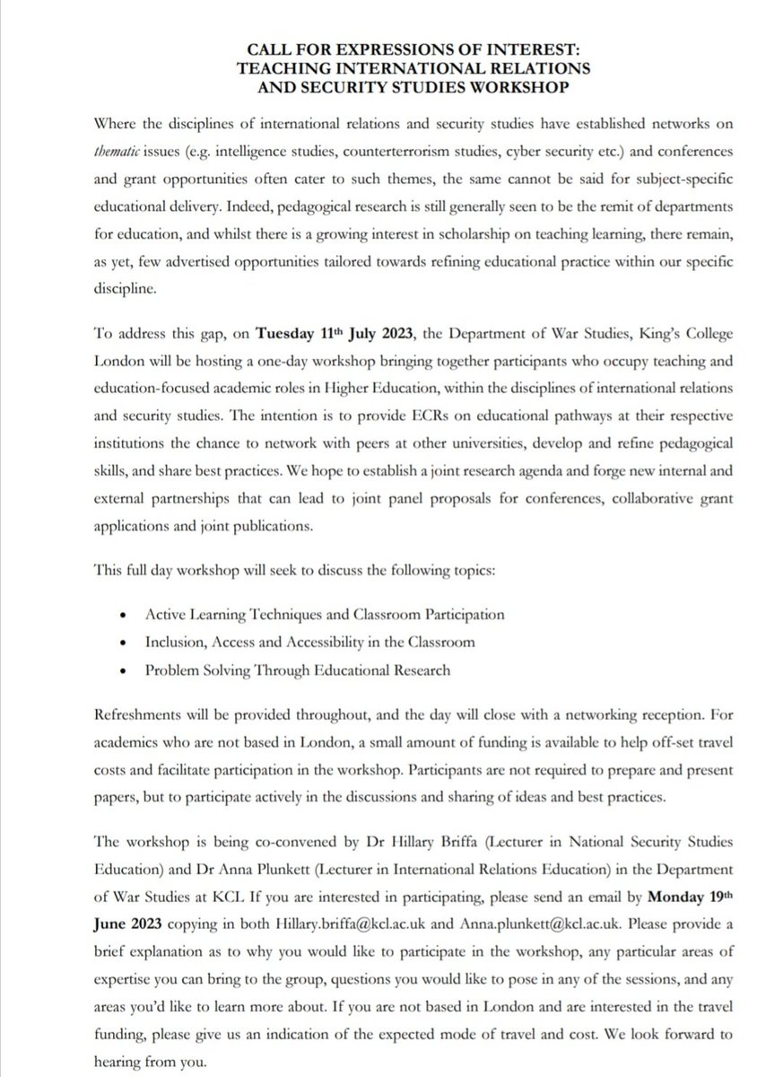 On Tuesday 7th July, @AnnaBPlunkett & I are organising 1 day workshop at @KingsCollegeLon Strand campus for UK-based ECRs on the 'teaching track' in #internationalrelations, to build a network & share best practice. Please share & join us! 😊
@KCLSecurity @kingsacademykcl @isanet