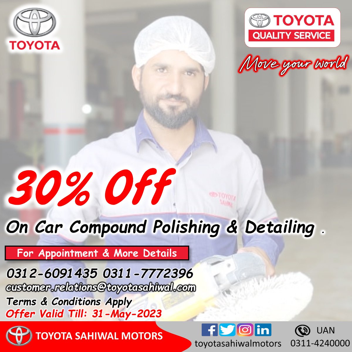 30% Off On Car Compound Polishing & Detailing .
Terms & Conditions Apply
Offer Valid Till: 31-May-2023
 #ToyotaSahiwalMotors #IndusMotorCompany #ToyotaPakistan #Toyota #PakWheels #MoveYourWorld #ToyotaQualityService #carpolish #carcompoundpolishing #CarDetailing