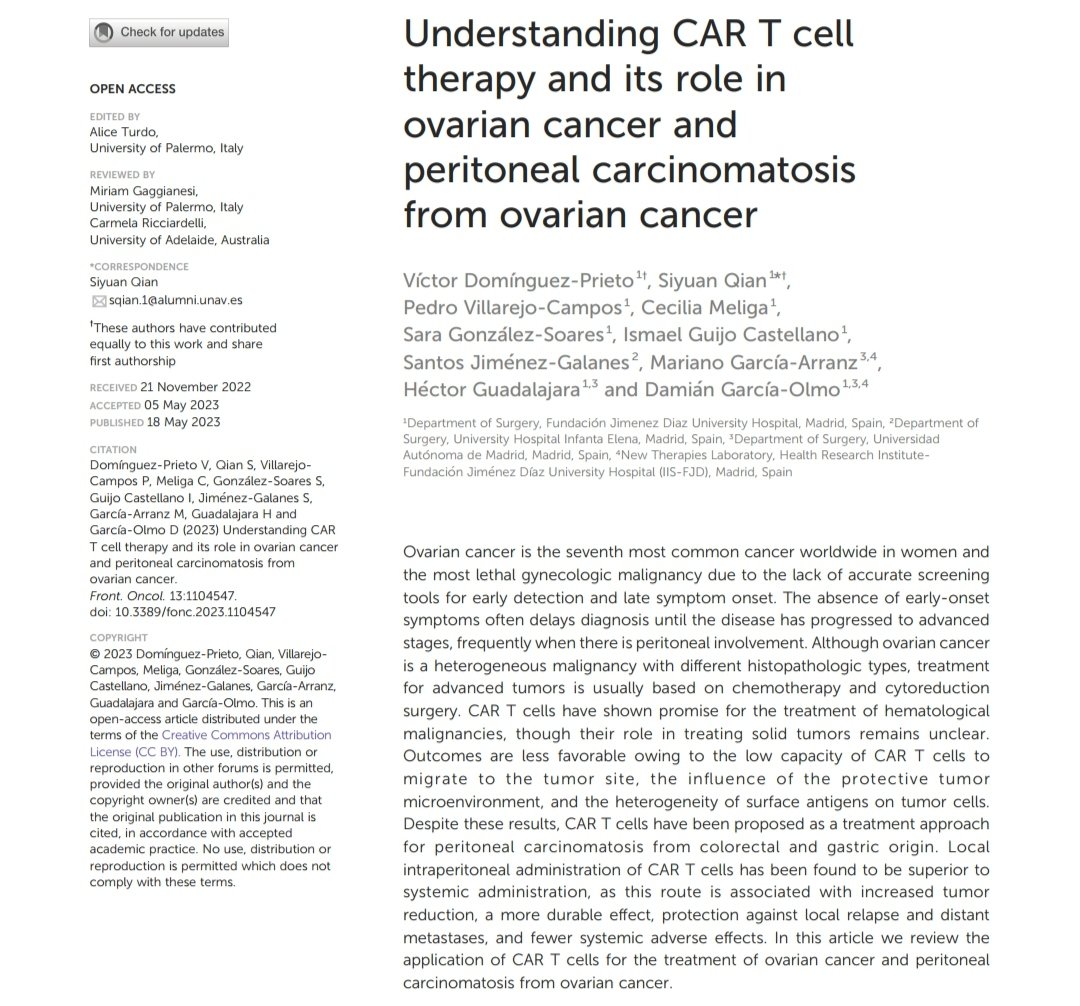 Our last paper about the use of #CARTcell therapy in #OvarianCancer and #PeritonealCarcinomatosis from ovarian cancer @SiyuanQZ @CeciliaM_MD @VillarejoCampos @marianog65 @jimenez_galanes @h_guadalajara @GarciaOlmoD @Hospital_FJD @GECOPeritoneal frontiersin.org/articles/10.33…