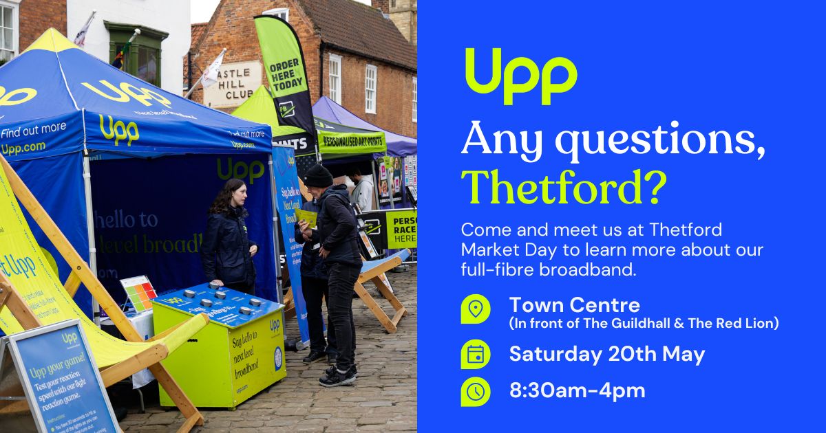 👋 We're at Thetford Market this Saturday, 8:30am-4pm. If you've been thinking about switching to a new broadband provider or simply want to learn more about what we have to offer, this is the perfect chance to do so. We hope to see you there! #uppbroadband #thetford
