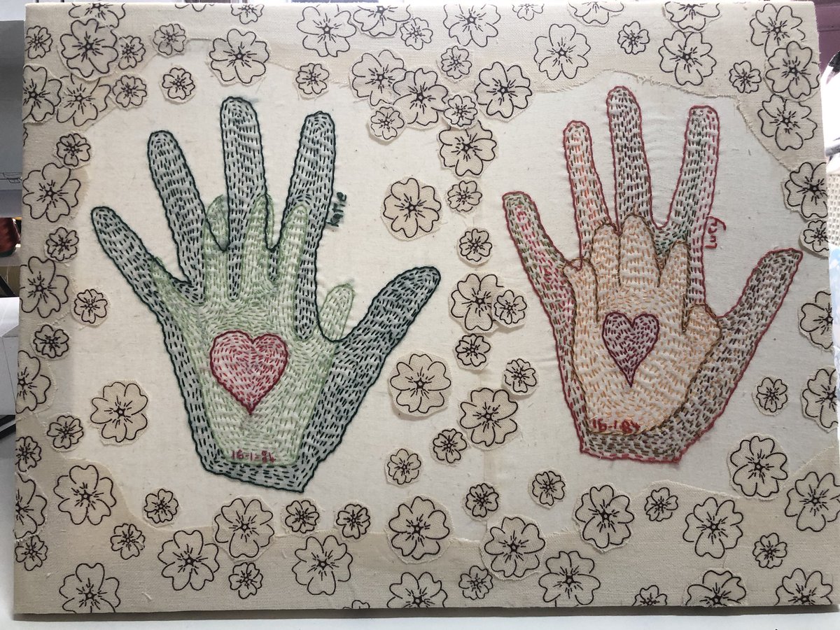 calicoandclay's tweet photo. Finished .
Very pleased with finished handstitch panel , this will be gifted to my aunt & uncle .The smaller hands & adult hands are my cousins . #hand
#gift #stitched #handsewn #madeinBurslem #madeinstokeontrent #madeinThePotteries @StokeCreates @MadeinStokeonT @HandmadeHour https://t.co/gf8vx0z8MS