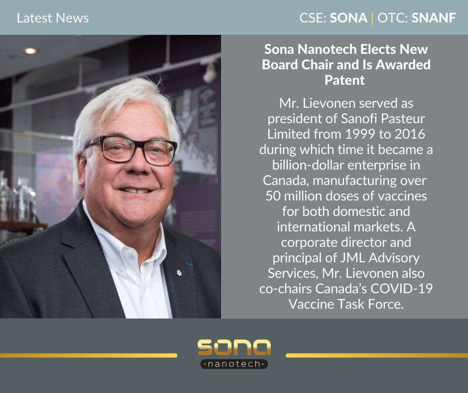 $SONA $SNANF, is pleased to announce the election as chair of the board, Mr. Mark Lievonen, CM, who joined the board of Sona in December, 2020.

Read the full news release here: bit.ly/45evBE4

#FightCRC #cancertreatment #cancerresearch #nanotech #CRC