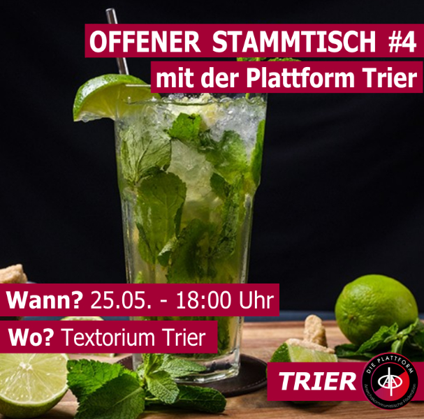 DPlattformTrier's tweet photo. Nächsten Donnerstag lädt die plattform Trier lädt zu ihrem 4. Stammtisch ein. Ab 18:00 Uhr wollen wir in der Tufa einen netten Abend mit Freund*innen und Interessierten verbringen. Kommt vorbei, wenn ihr Lust habt, uns kennenzulernen oder Bock auf gute Gesellschaft habt :) https://t.co/euNb8RxJd4