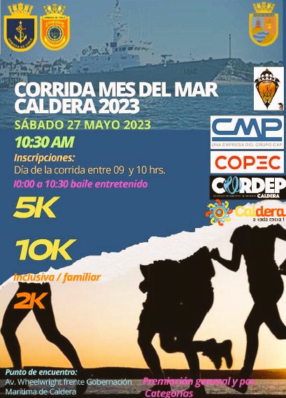 En este #MesdelMar invitamos a la comunidad de #Caldera a participar en la 🏃‍♀️ "Corrida Mes del Mar Caldera 2023" 🏃‍♂️ , que se realizará el próximo sábado 27 de mayo a las 10:30 horas, con distancia de 2, 5 y 10 kilómetros. <a href="/municaldera/">MunicipalidadCaldera</a> #comprometidosconelmar 
#Atacama #Corrida