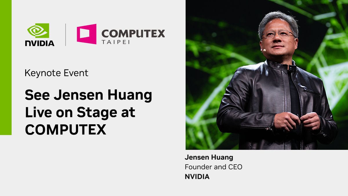 nvidia's tweet photo. Our CEO and founder Jensen Huang will be taking the stage at #COMPUTEX2023 on Sunday, May 28, 2023 at 8 p.m. PT. Join us to discover how AI is transforming the world’s largest industries and profoundly impacting society. https://t.co/L7Qgj3YtFK https://t.co/QS8Qjj0s3q