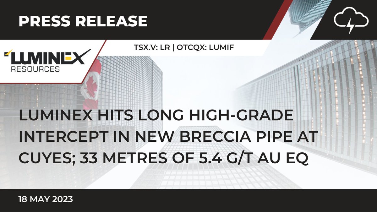 📣 JUST IN... 

Luminex Hits Long High-Grade Intercept in New Breccia Pipe at Cuyes; 33 Metres of 5.4 g/t Au Eq

luminexresources.com/news/luminex-h…

TSX.V: $LR | OTCQX: $LUMIF

#PressRelease #NewsRelease #News #MiningNews Exploration #Gold #Au