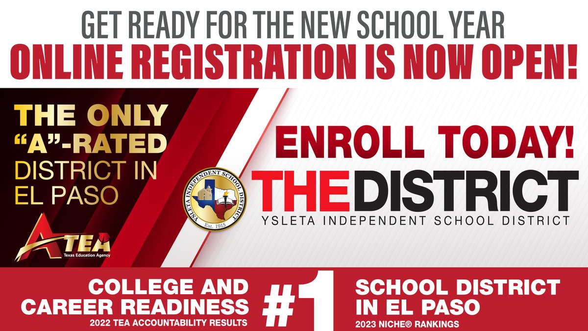 Enroll at #THEDISTRICT today for the upcoming 2023-24 school year! Secure your children's academic success and register early to make sure they're prepared for their next school adventure at Ysleta ISD! Click the link to register: bit.ly/3IaIHZ6