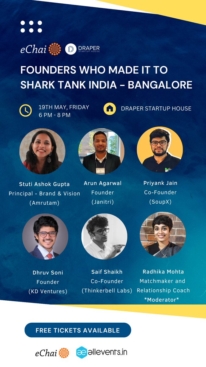 We'll be hosting the Bangalore edition of <a href="/eChaiVentures/">eChai Ventures</a> 'Founders who made it to Shark Tank India' tomorrow (19th May, Fri) at Draper Startup House.

🎙️<a href="/stutiashokgupta/">Stuti Ashok Gupta</a> (<a href="/AmrutamOfficial/">Amrutam</a>)
🎙️<a href="/arun_janitri/">Arun Agarwal</a> (<a href="/janitri_innovat/">Janitri Innovations</a>)
🎙️<a href="/nsaifw/">Saif Shaikh</a> (<a href="/thinkerbelllabs/">Thinkerbell Labs</a>)
🎙️Priyank Jain