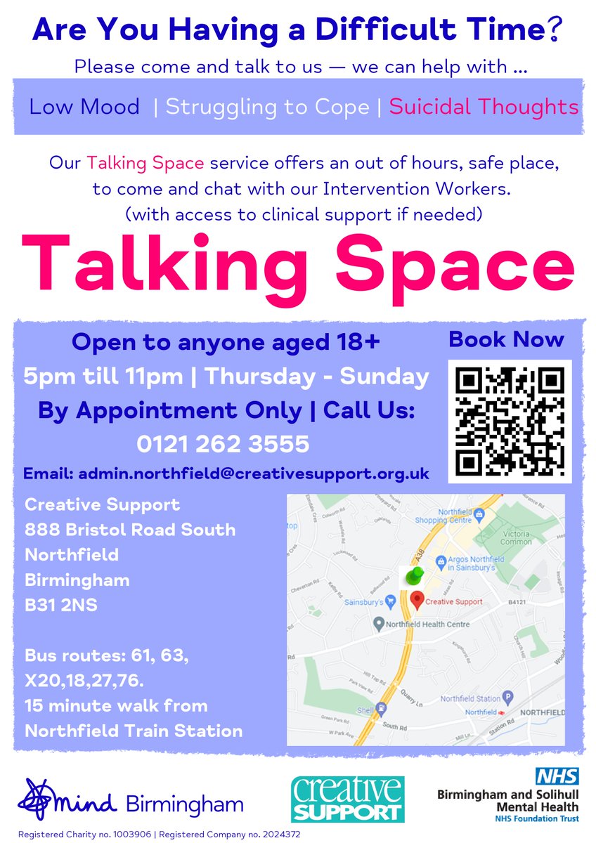 NnsNorthfield's tweet photo. There is local support in #Northfield for people who feel like they're becoming overwhelmed with their mental health. @BirminghamMind & Creative Support are hosting Talking Space's for anyone who needs help and support. https://t.co/BjggE6l1uP