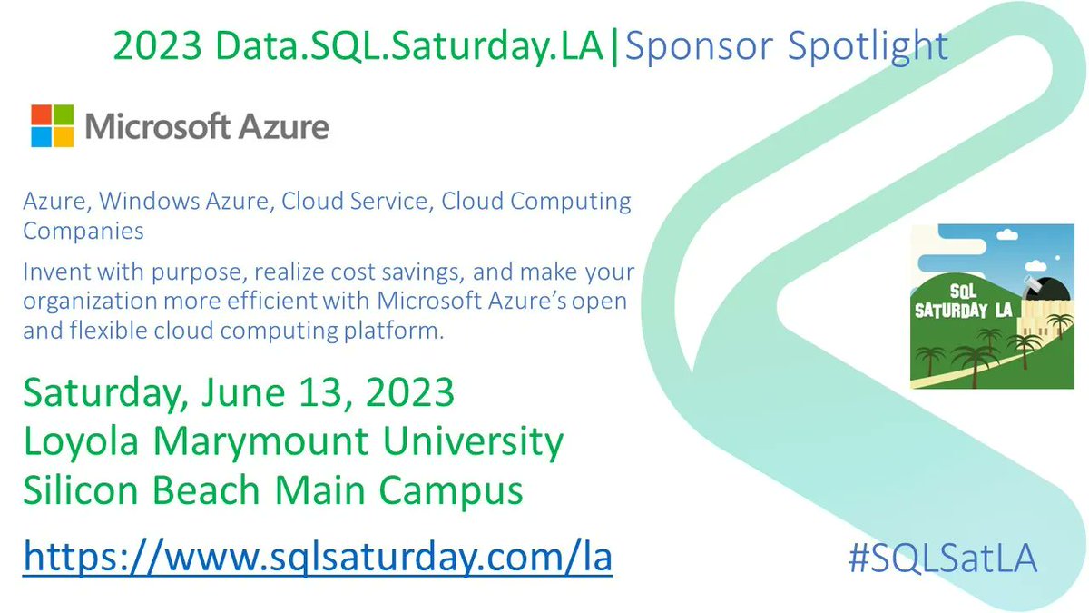 2023 data sql saturday la sponsor highlight:
Microsoft Azure
Invent with purpose, realize cost savings, and make your organization more efficient with Microsoft Azure’s open and flexible cloud computing platform
buff.ly/3BB4tkV 
#sqlsatla #sqlsaturday #sponsorship