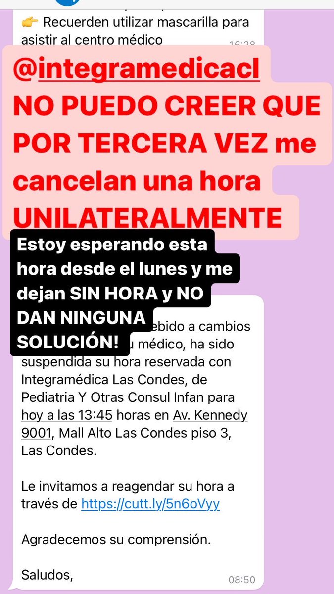 angelesadonis's tweet photo. @integramedica POR FAVOR SOLUCIÓN!!!  No me pueden dejar sin hora. Está la tome EL LUNES. LLEVO 4 días esperando y uds SUSPENDEN LA CITA SIN DAR UNA SOLUCIÓN!!! https://t.co/APRcESAG4T
