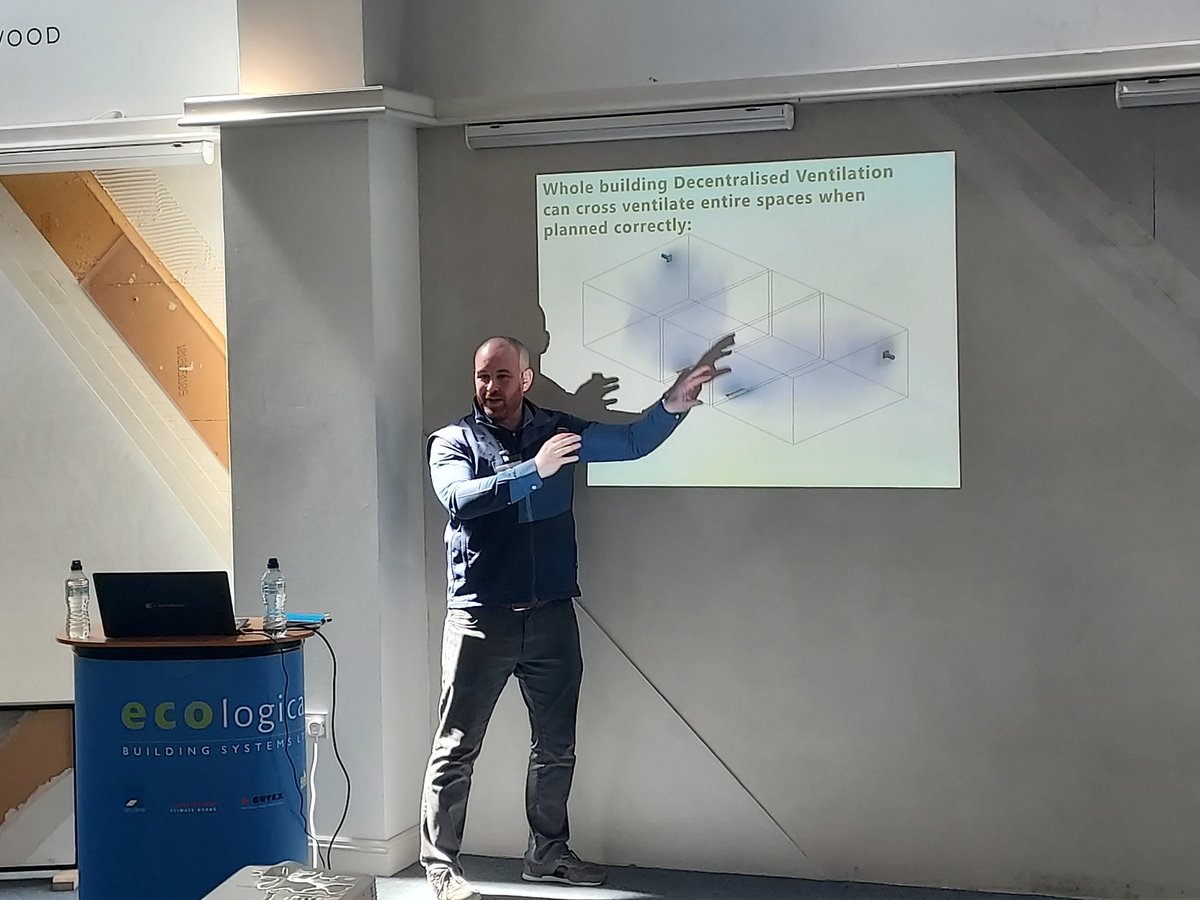 ecologicalbuild's tweet photo. Another #retrofitinpractice underway at our training center. Joe Fitzgerald is up now explaining how air flows during the operation of an #Inventer decentralised #ventilation system. https://t.co/rsqGZd5rEQ