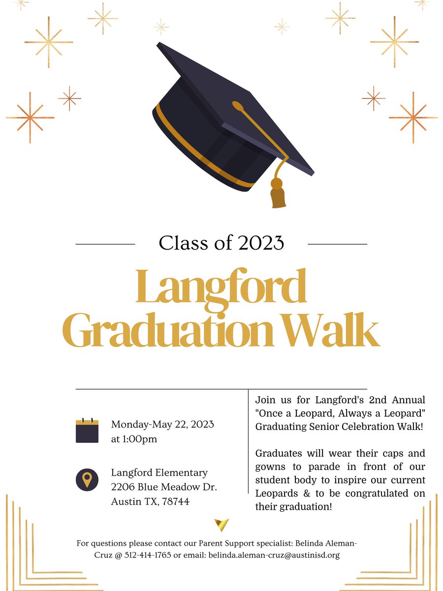 TheLeopardSpot's tweet photo. Join us for our "Once a Leopard, Always a Leopard" Graduating Senior Celebration Walk! Mon. May 22nd @ 1:00 pm

¡Únase a nosotros para nuestra celebración de graduación "Una vez leopardo, siempre leopardo" de Langford! Lunes 22 de mayo @ 1:00 pm https://t.co/TwYewV8a9O