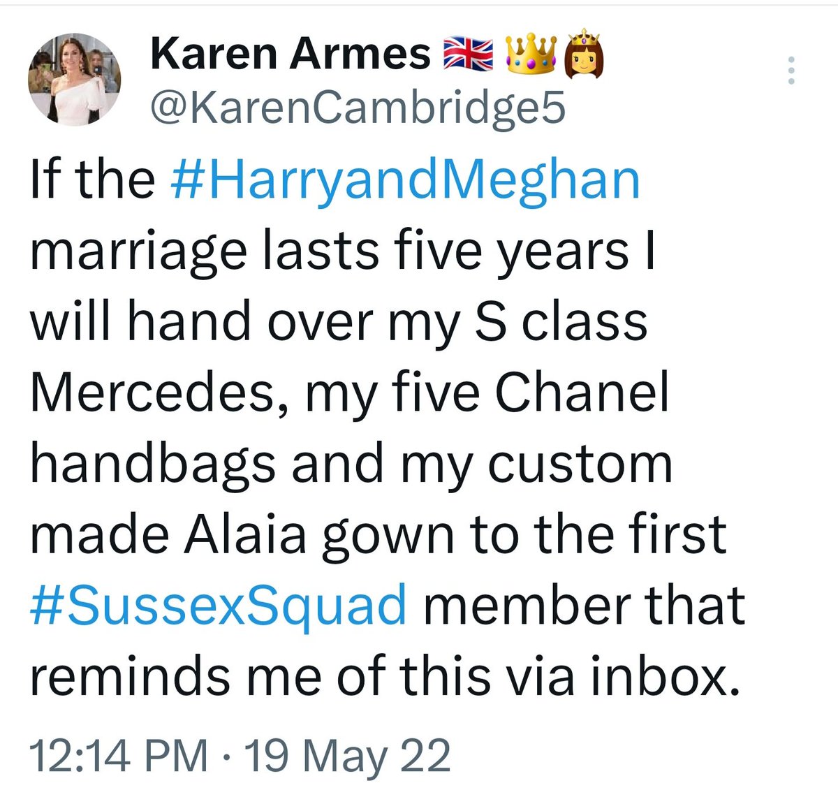 Hey, Karen:  I hope you're ready to hand over those items you mentioned in the Tweet below. 😏  #HarryandMegan #5yearsweddinganniversary