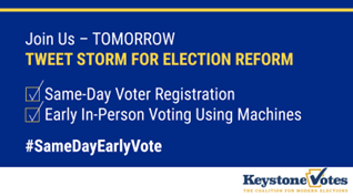 Tomorrow is the big day!

Join our partners across PA as we call on state officials to enact #SameDayEarlyVote election reforms to make voting more convenient &amp; easier to access for all eligible voters in our communities.

Follow and share!