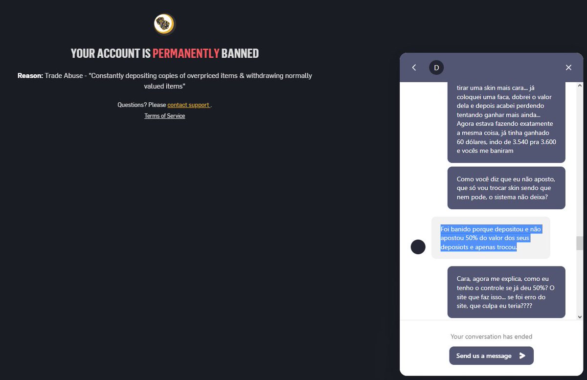 jesusjogou's tweet photo. @CSGOEmpire Translated support message:

He was banned because he deposited and did not wager 50% of the value of his deposits and just cashed out. https://t.co/UWQymxIwh3