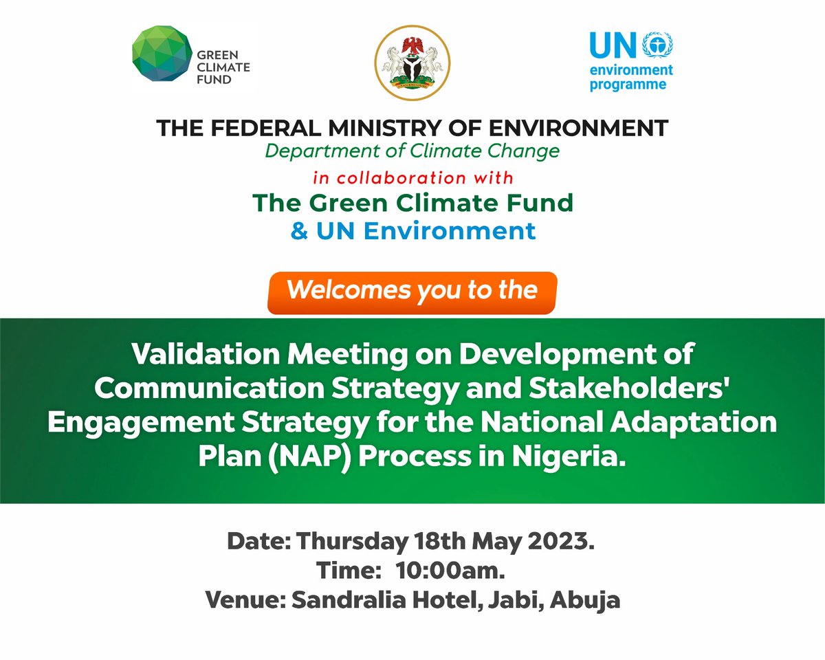 Stakeholders, @FMEnvng, @FMEnvCCNG, @theGCF, @UNEP @NAP_Network meeting on the Development of Communication Strategy and Stakeholders' Engagement Strategy for the NAP process in 🇳🇬
#climatechange @MohdHAbdullahi @OdumUdi @iniabiolawe @DrSalisuDahiru @UNFCC @environewsng