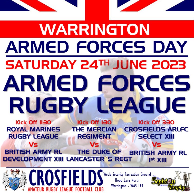 @ArmedForcesDay Here's a massive FREE day out in #Warrington on @ArmedForcesDay 3 games of high octane #armedforces #rugbyleague 🏉and much more! @ArmyRugbyLeague Dev XIII V @RoyalMarines @MercianRegiment v @LANCS_REGT @CrosfieldsRugby v @BritishArmy 1st XII Spread the word, see you there!