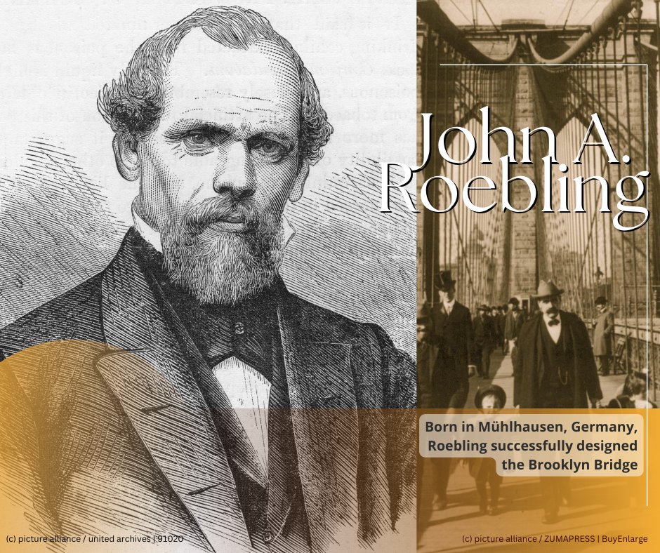 GermanyNY's tweet photo. Did you know that the Brooklyn Bridge has a special connection to 🇩🇪? John A. Roebling, the bridge's chief engineer, was born in Mühlhausen, Germany. His innovative design remains a testament to the enduring bond between our two nations. #140YearsBrooklynBridge #GermanConnection https://t.co/Tf3r65bX1K
