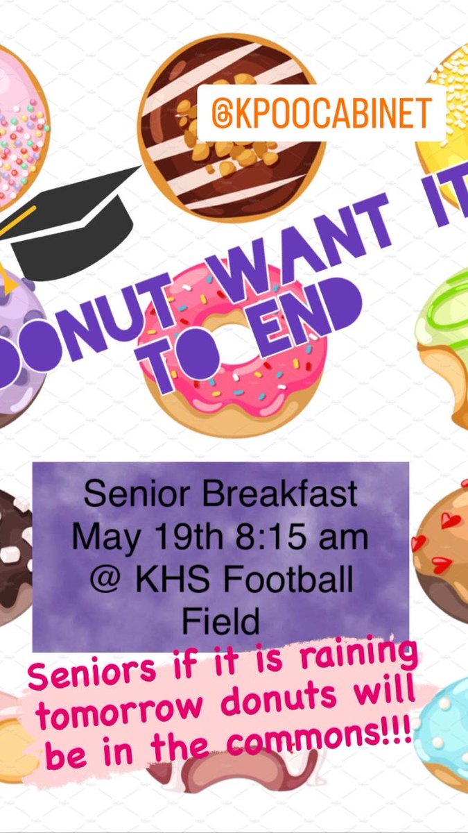 Seniors if it is raining tomorrow donuts will be in the commons!! <a href="/DrPowersKHS/">Bill Powers, Ed.D.</a> <a href="/KickapooChiefs/">KickapooHighSchool</a> <a href="/kpoocabinet/">KHS Cabinet</a>