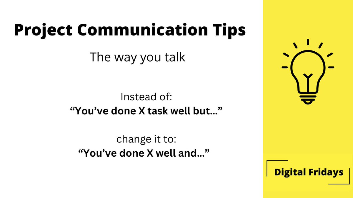 digital_fridays's tweet photo. The language used in your project team can impact on project performance and team morale.

You might priase a person but gives them areas to work on. 

Nothing wrong with that?

People generally focus on negative so we have to use language to change the tone.

#ProjectSuccess https://t.co/RngSEyVtcB