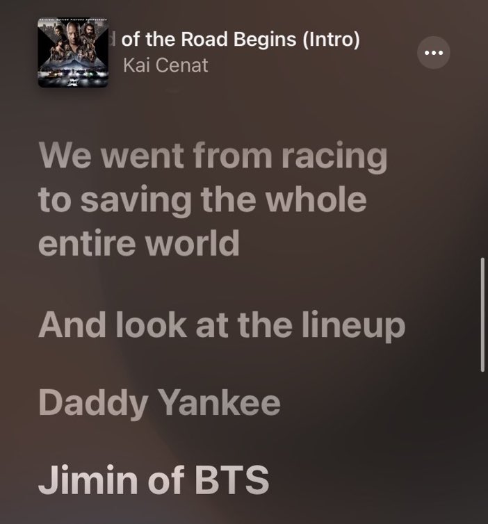 yoong_coffee's tweet photo. เริ่ดเว่อร์ เพลง End of the Road Begins (Intro) เป็นอีกเพลงที่ใช้ประกอบภาพยนตร์ #FastX มีชื่อจีมินอยู่ในเนื้อเพลงด้วย

“We went from racing to saving the whole entire world
And look at the lineup
Daddy Yankee
Jimin of BTS”

#Jimin @BTS_twt https://t.co/0Xf65iO633