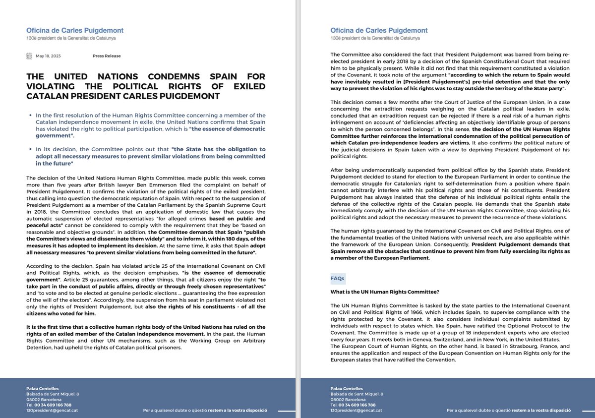 KRLS's tweet image. IMPORTANT: The UN Human Rights Committee condemns Spain for violating my political rights. In the first resolution concerning a member of the Catalan independence movement in exile, the committee confirms that Spain has violated the right to political participation, which is "the…