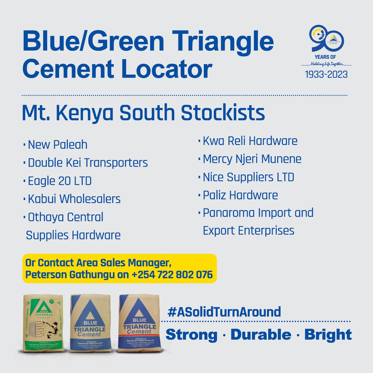 EAPC_PLC's tweet photo. For our customers in Mt. Kenya South and it's environs, this is where to find your favourite brands of Cement. Incase of any challenges, please feel free to contact Peterson on the cell phone number provided.
#90YearsofHoldingLifeTogether #Portlandat90 #BlueTriangle https://t.co/kOsPvxoAxu