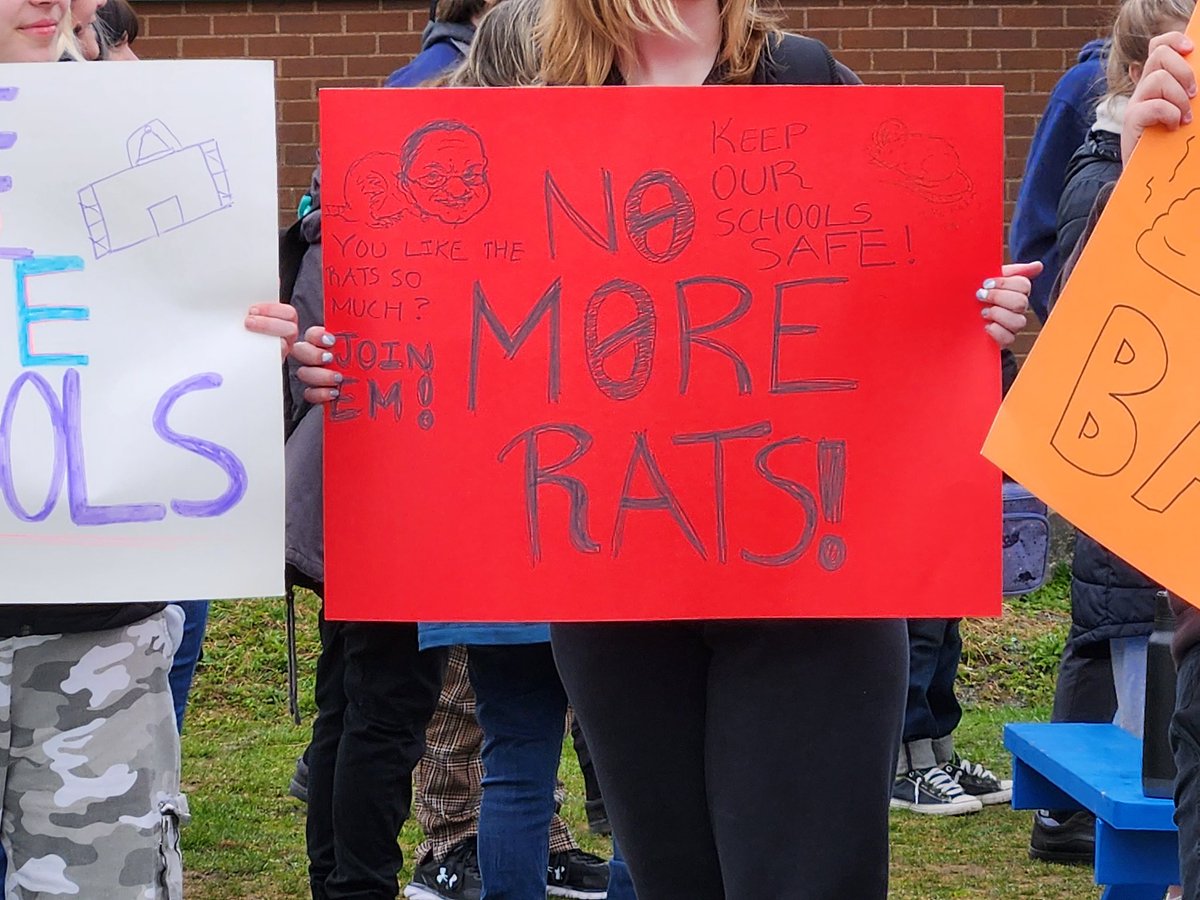 RDugganVOCM's tweet photo. Students and parents at Frank Roberts Junior High are protesting the conditions inside their school this morning. @VOCMNEWS https://t.co/Xba4Eo47U8