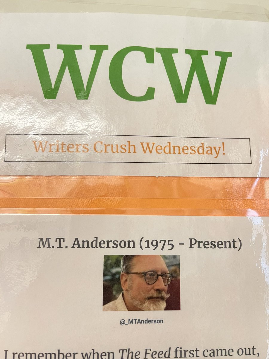 It was a busy day with seniors, so I forgot to introduce our Writers Crush Wednesday author, <a href="/_MTAnderson/">M. T. Anderson</a>. Check out his book Feed! <a href="/MsPorterAPS/">Laura Porter</a> <a href="/APS_ELA/">APS Secondary ELA</a> <a href="/YorktownSentry/">Yorktown Sentry</a> <a href="/Principal_YHS/">Dr. Kevin Clark</a>