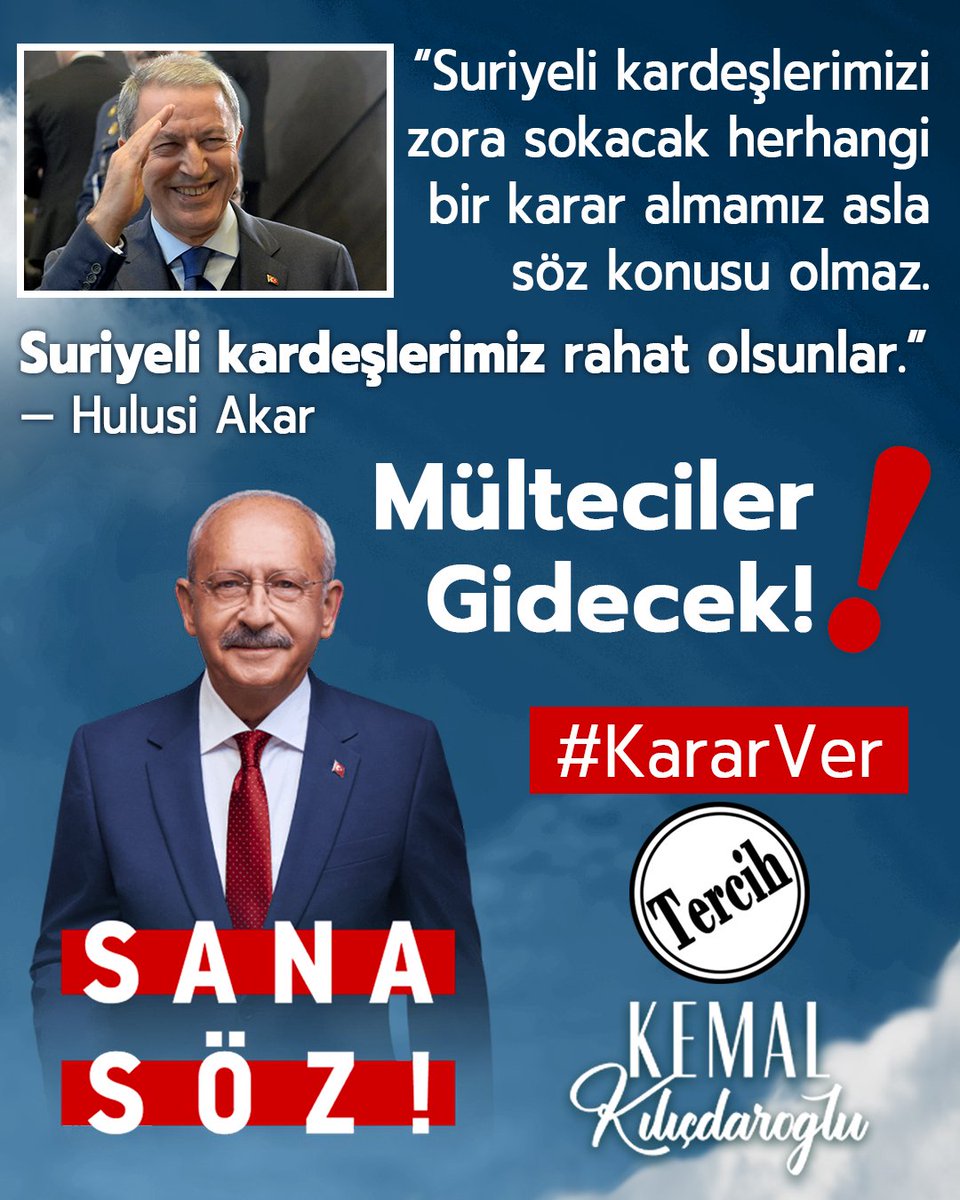 Avrupa'dan gelecek 3-5 kuruş ve 'aferin' için, '13 milyon sığınmacı Türkiye'de kalsın, demografik yapımız ve ekonomimiz bozulsun, çocuklarımızın geleceği kararsın' diyorsan, Erdoğan'a,
Çocuklarına güvenli bir gelecek bırakmak istiyorsan <a href="/kilicdarogluk/">Kemal Kılıçdaroğlu</a>'na oy vereceksin.

#KararVer