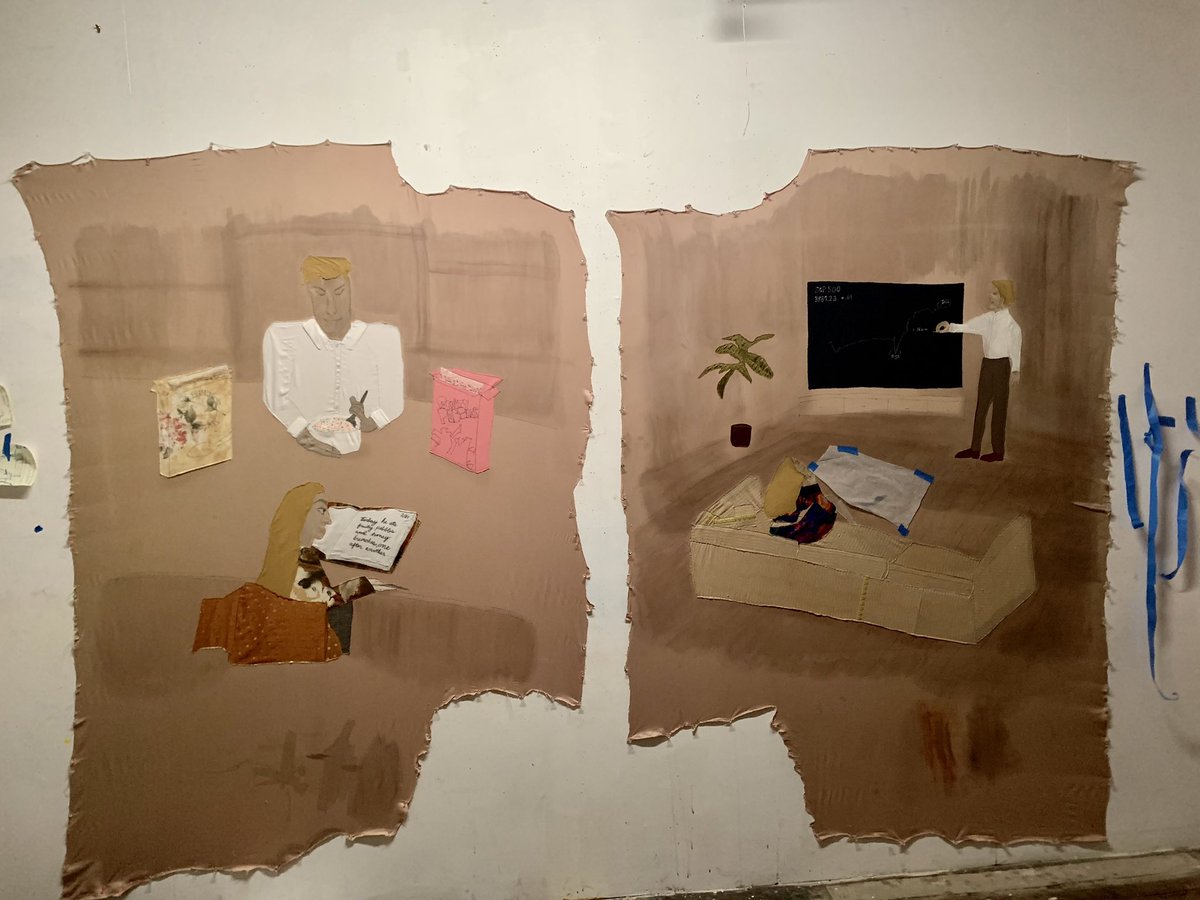 Pufferella's tweet photo. “Dear Diary” &amp; “Timing the Relationship” My two latest artworks couldn’t have been made if I wasn’t in this exact place at this exact time.

#artthoughts #artwork #artcollector #stockmarket #dating #relationshipgoals #ChampionsLeague #womanempowerment #painting #narrative https://t.co/PuJMVXeAal