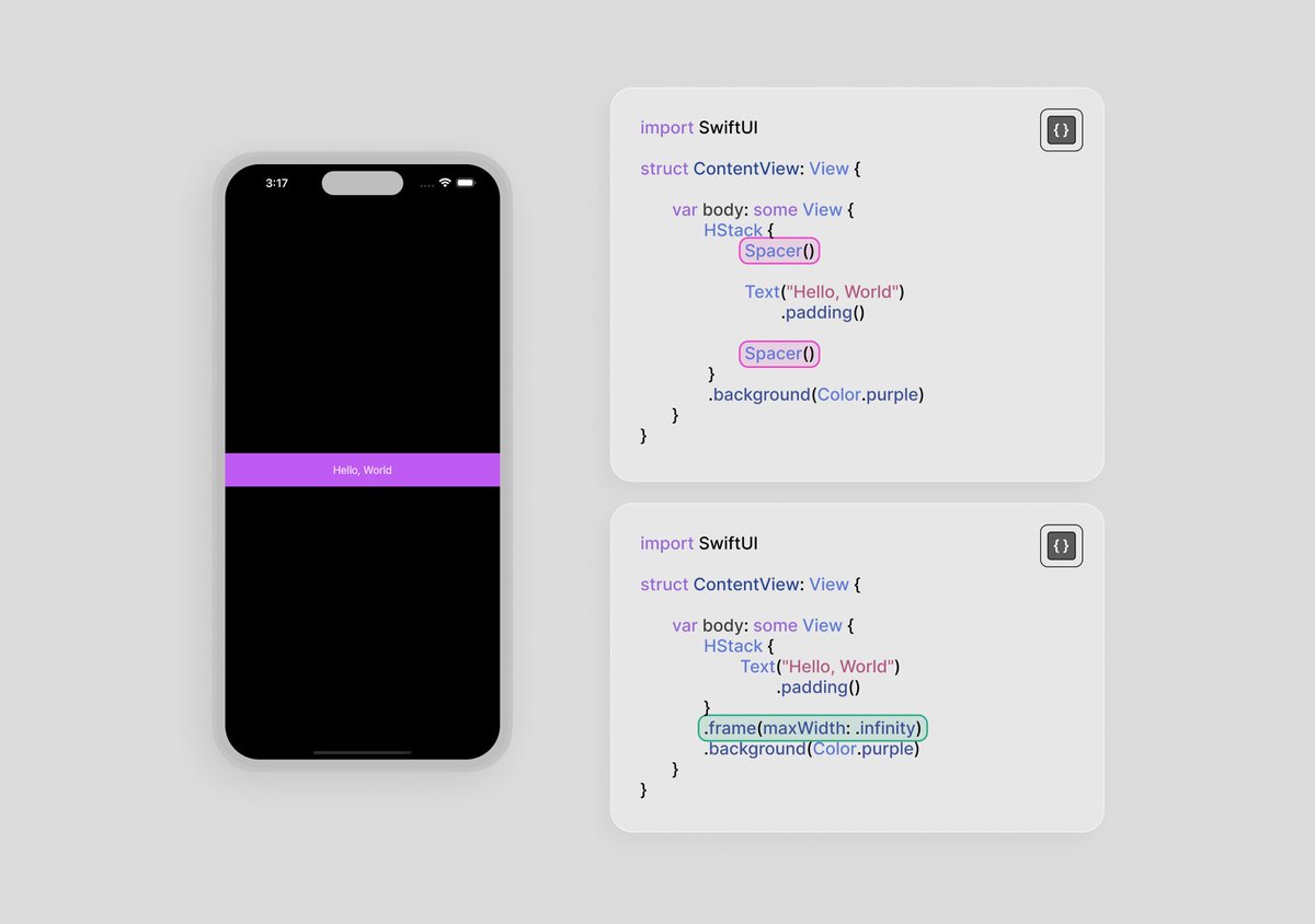 ios_dev_alb's tweet photo. SwiftUI Tip💡

You can avoid using two spacers by setting the maxWidth to 'infinity'. https://t.co/WDJ8ZbPpBe