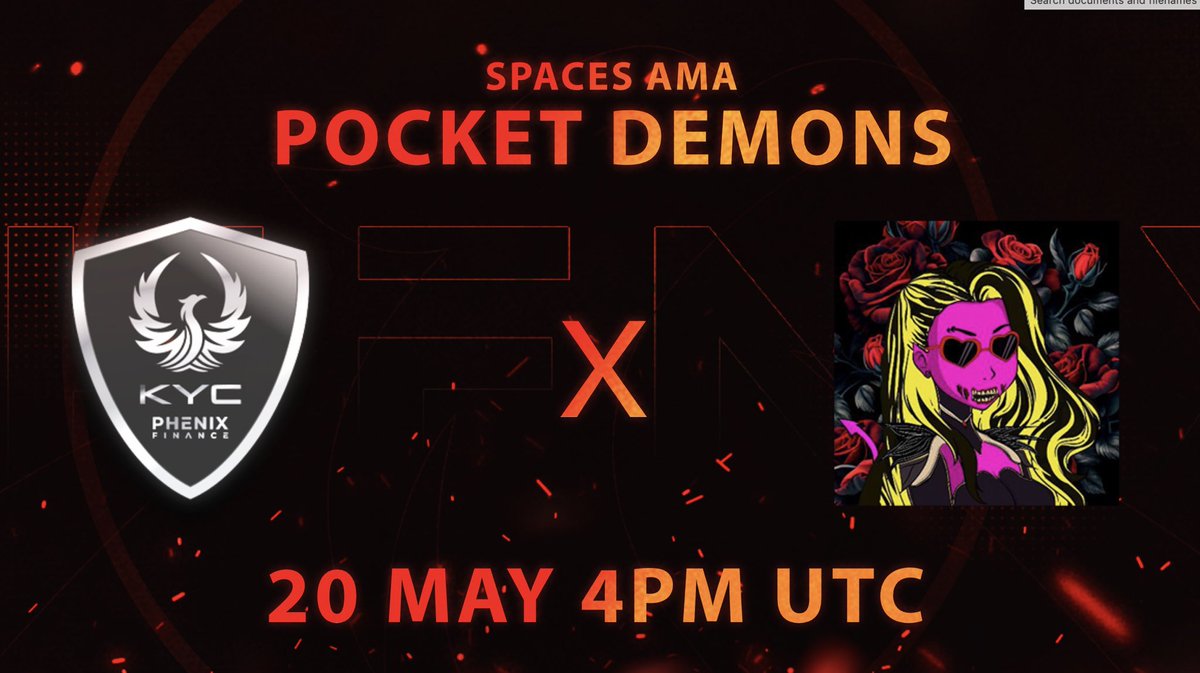 KYC by Phenix - @PDemon_Official 

AMA

📅 20 May 4 PM UTC
📍 Twitter Spaces

Win 🏆
1 x FPC
1 x Angel

 ✅Follow 
@phenixfinance + @PDemon_Official 
✅❤️ + 🔁
✅Tag 2 #crypto friends
✅Set a reminder  + Join the AMA

⏰ End AMA🔥

#crofam #CronosNFT #Cronos #CronosChain $CRO…