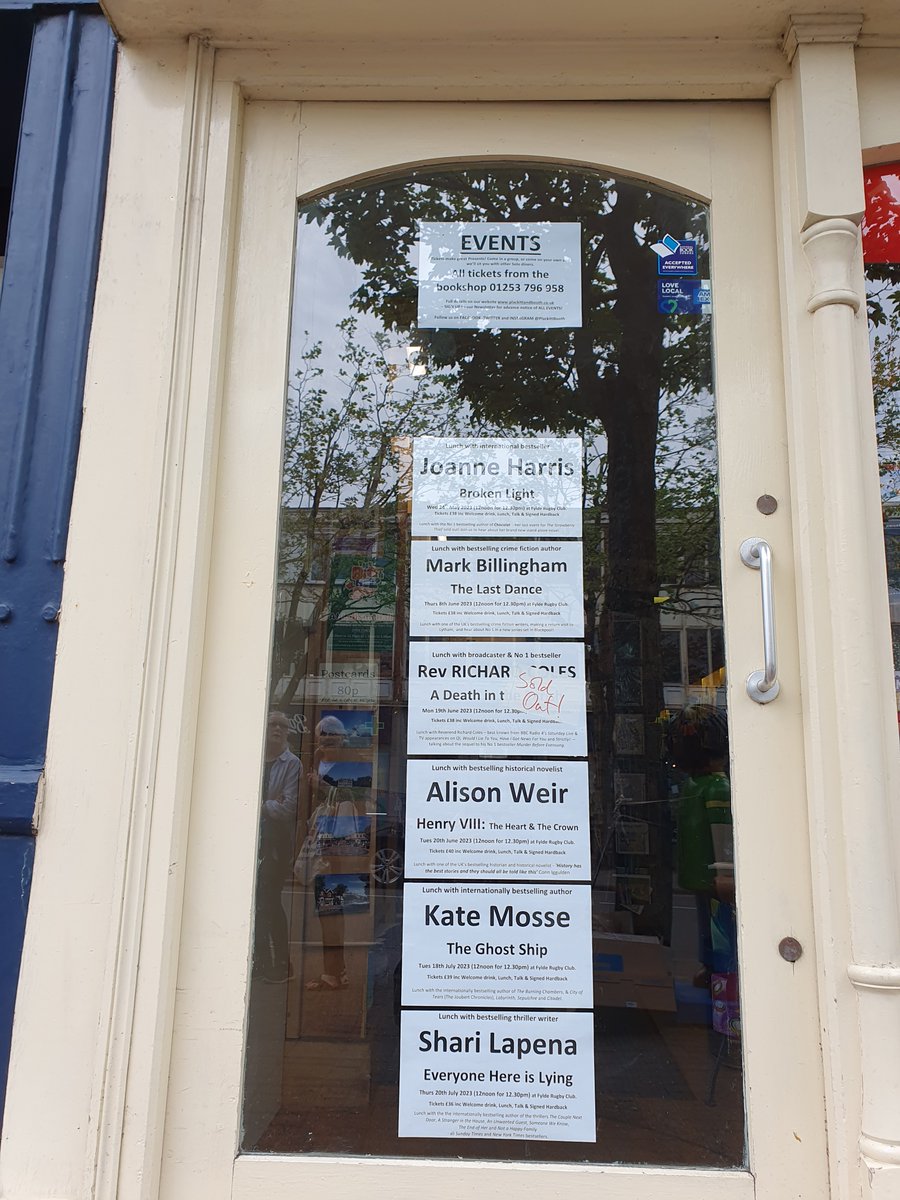 Lots of amazing #literarylunch events coming up soon #Lytham - quick snap of the #bookshop door - full details on the website link in bio. Call 01253 796 958 or pop in for tickets!