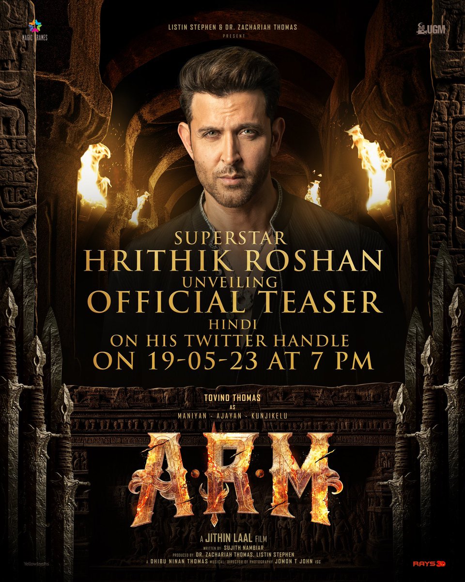Superstar @iHrithik to Unveil @ttovino 's EPIC Extravaganza #ARMTeaser Hindi Version on 19-05-2023 at 7 PM!! 💥 

#HrithikRoshan
#ARMTeaserOnMay19 

@jithin_lall @KrithiShetty @aishu_dil #SurabhiLakshmi @dhibuofficial  @UGMMovies @magicframes2011 @vaisakh_c_ @trendytollyPR