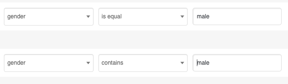 robsegelquist's tweet photo. Just found a snag in a segment I was building.
Male and Female totaled more than had the gender field filled in.

When doing a query, the two conditions below are different.

contains: male... female also passes that query. https://t.co/Q1VKYwmac0