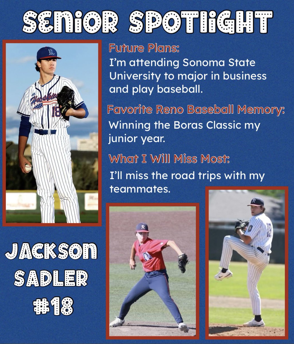 BaseballReno's tweet photo. ⚾️💙 SENIOR SPOTLIGHT ❤️⚾️
JACKSON SADLER - RHP - #18 https://t.co/0h93JpGjQB