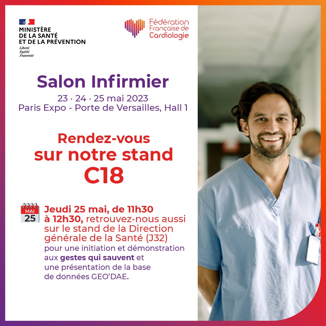 📢 Le #SalonInfirmier, ça commence mardi ! ⏰ 👨‍⚕️ Vous êtes infirmier, infirmière, professionnel(le) de santé ? Nous avons hâte de vous rencontrer sur le stand de la Fédération Française de Cardiologie ! 🤝 #gestesquisauvent #GQS #formation #salon #premierssecours