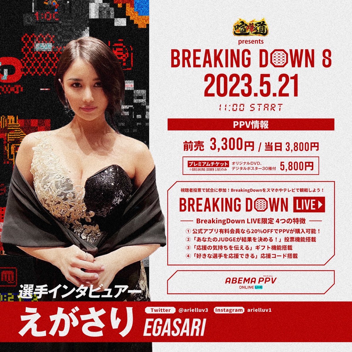 BreakingDown8 選手インタビュアー発表📣 ＼ 今大会を盛り上げる選手インタビュアーとして えがさりさんの参加が決定！  @arielluv3 PPVチケットを購入時にインフルエンサーコード【えがさり】を入力で応援しよう🏴 ▽ 前売りPPVチケットの購入はこちら  https://t.co ...