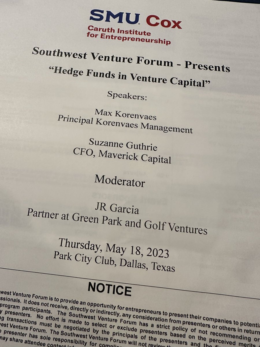 “Hedge Funds in Venture Capital” discussion this morning expertly moderated by my partner and friend JR Garcia with Suzanne G. And Max Korenvaes - if you are interested in topics like this bookmark September 21st for the next The @SMUCox Caruth Institute For Entrepreneurship…