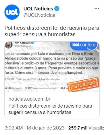 MBLivre's tweet photo. Em janeiro desse ano teve agência de checagem apontando como "falso" que uma lei iria censurar humorista. "Corrigiram" até um tweet do @KimKataguiri 

Em Maio, a mesma lei foi usada pra derrubar shows do @LeoLins e até impedi-lo de deixar SP sem autorização. https://t.co/n8zdoNXgU7