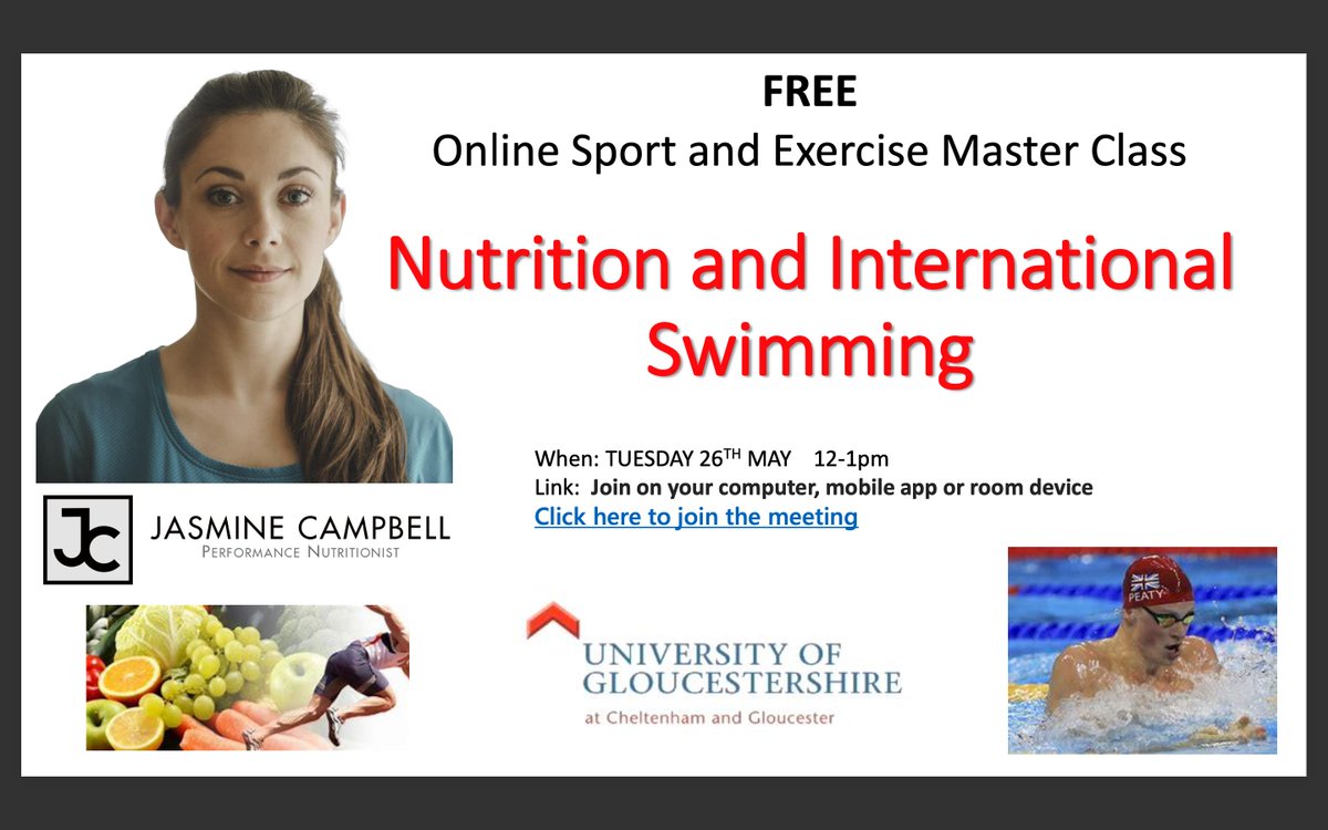 Mark De Ste Croix (@destecroixmark) on Twitter photo Interested in performance nutrition? Join our free Sports Masterclass presented by <a href="/uniofglos/">University of Gloucestershire</a> <a href="/UoGSportScience/">UOGSportScience</a> Alumni <a href="/CampbellJas/">Jasmine Campbell</a> talking about nutrition in international swimming. Tue 26th May 12-1pm Meeting ID: 386 344 097 257
Passcode: Kw9hrg Interested in performance nutrition? Join our free Sports Masterclass presented by <a href="/uniofglos/">University of Gloucestershire</a> <a href="/UoGSportScience/">UOGSportScience</a> Alumni <a href="/CampbellJas/">Jasmine Campbell</a> talking about nutrition in international swimming. Tue 26th May 12-1pm Meeting ID: 386 344 097 257
Passcode: Kw9hrg