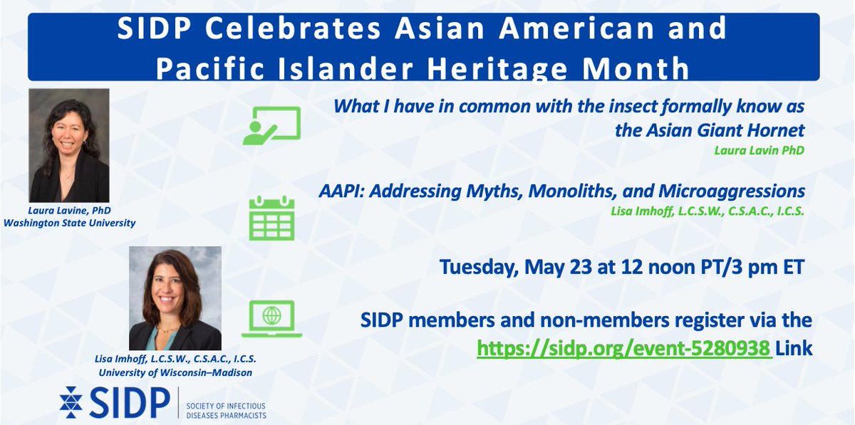 SIDPharm's tweet image. Please join @SIDPharm in celebration of #AAPIHeritageMonth!

The SIDP DEI committee will be hosting a virtual celebration on May 23rd at 12 pm PT/3 pm ET

Register today! sidp.org/event-5280938
#AAPIHM2023 #AAPIMonth