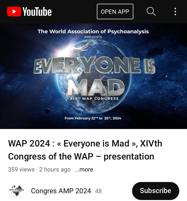 WAP 2024 : « Everyone is Mad », XIVth Congress of the World Association of Psychoanalysis – presentation

By the congress directors: Gil Caroz and Ligia Gorini

💥m.youtube.com/watch?v=gbO6-g…

#AMP2024 #EveryoneisMad #psychoanalysis #worldassociationofpsychoanalysis