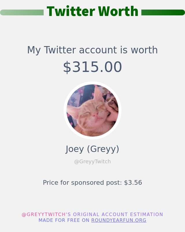 GreyyTwitch's tweet photo. My Twitter worth is: $315.00

➡️ https://t.co/2gl4Tj57bf https://t.co/73bXBluYh2