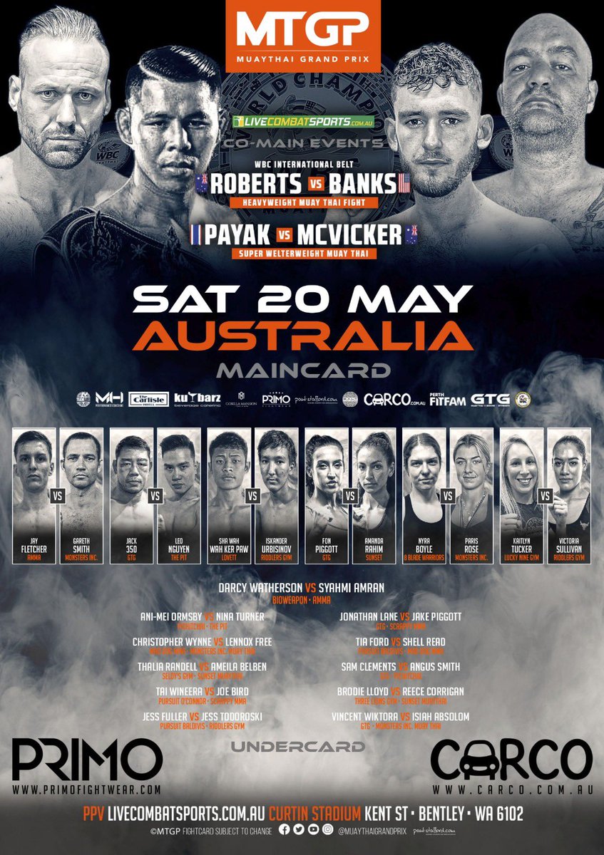 Full fightcard for MTGP Australia this Saturday‼️🔥

PPV Link available on our website, follow the link in bio👊🏼

#mtgp #muaythaigrandprix #mtgpaustralia #liveshow #muaythai #thaiboxing #perth #primofightwear