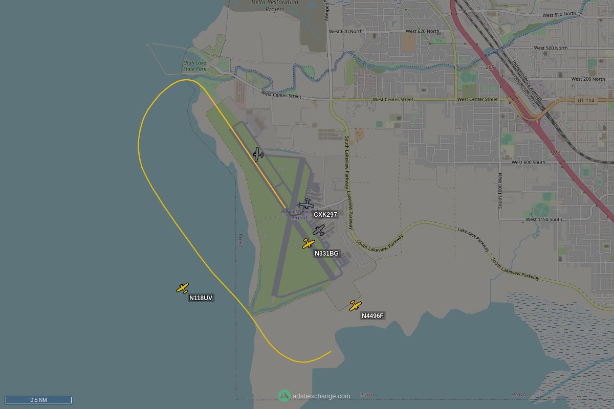 N22237, a 172S, (callsign CXK297) is circling over Provo at 4375 feet, speed 1 MPH, squawking 0310, 0.52 miles from Provo Airport #N22237 globe.adsbexchange.com/?icao=A1EB50&z…