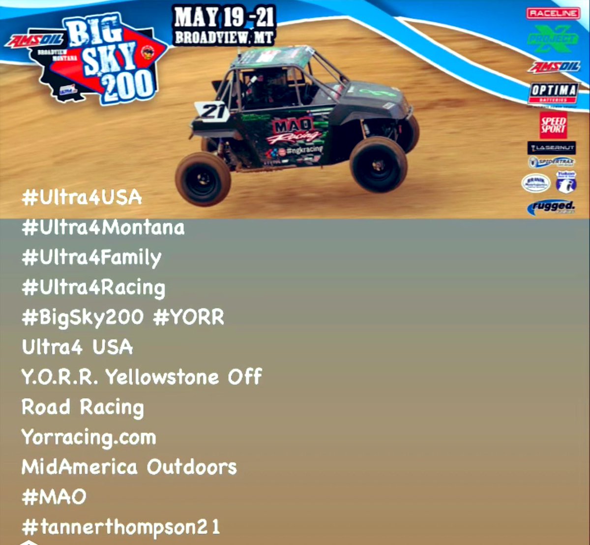 #Ultra4USA #Ultra4Montana #Ultra4Family #Ultra4Racing #BigSky200 #YORR
Ultra4 USA
Y.O.R.R. Yellowstone Off Road Racing Yorracing.com
MidAmerica Outdoors #MAO #tannerthompson21