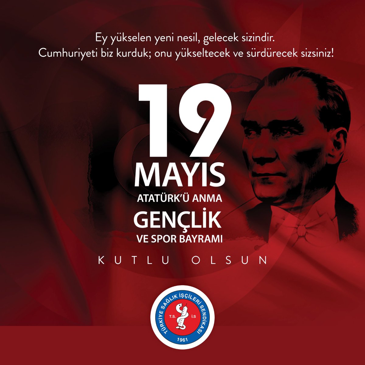trsaglikis's tweet photo. Cumhuriyetimizin kurucusu Gazi Mustafa Kemal Atatürk ve beraberindeki kahramanların 19 Mayıs 1919 tarihinde milli mücadeleyi başlattıkları tarihi günün 104. yıl dönümü. Başta tüm gençlerimiz olmak üzere milletimizin #19Mayıs Atatürk’ü Anma, Gençlik ve Spor Bayramı kutlu Olsun. https://t.co/dD5Rd0GC4U